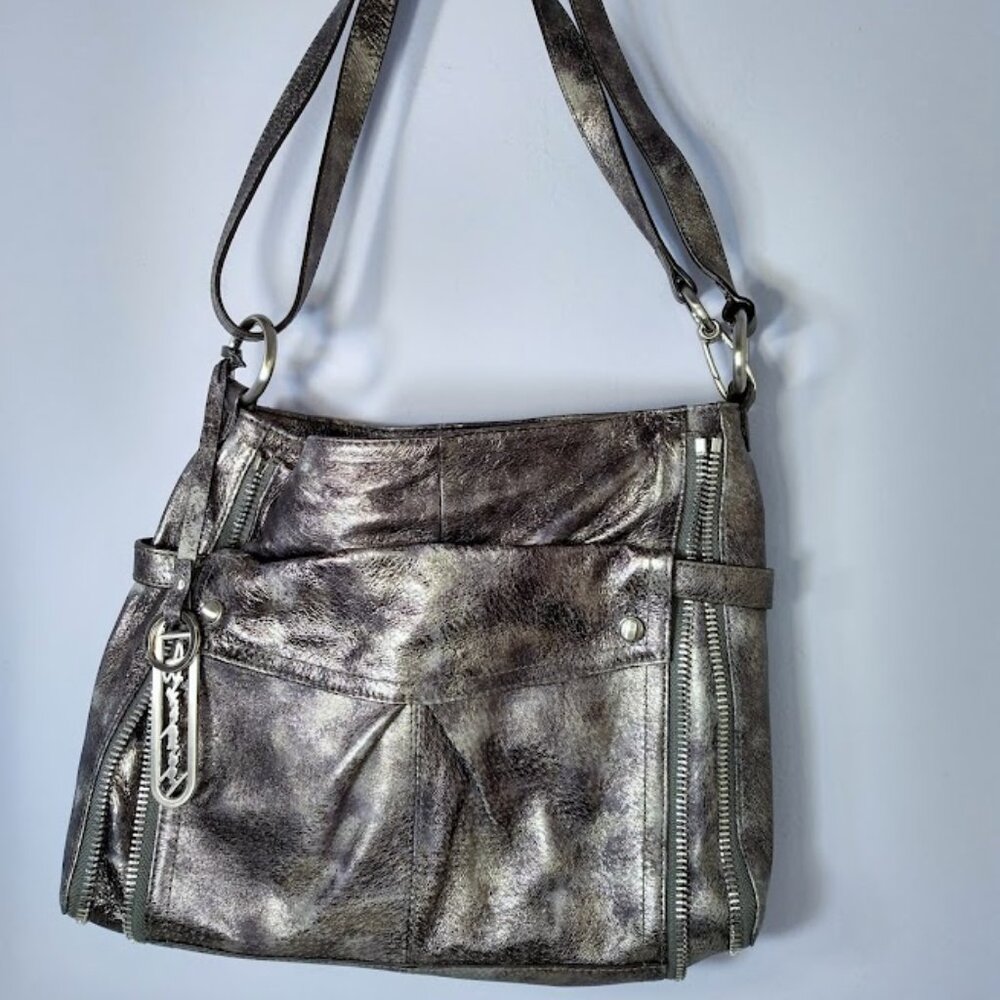 B Makowsky Metallic Leather Shoulder/Crossbody Bag Marblelized Pewter Zippers